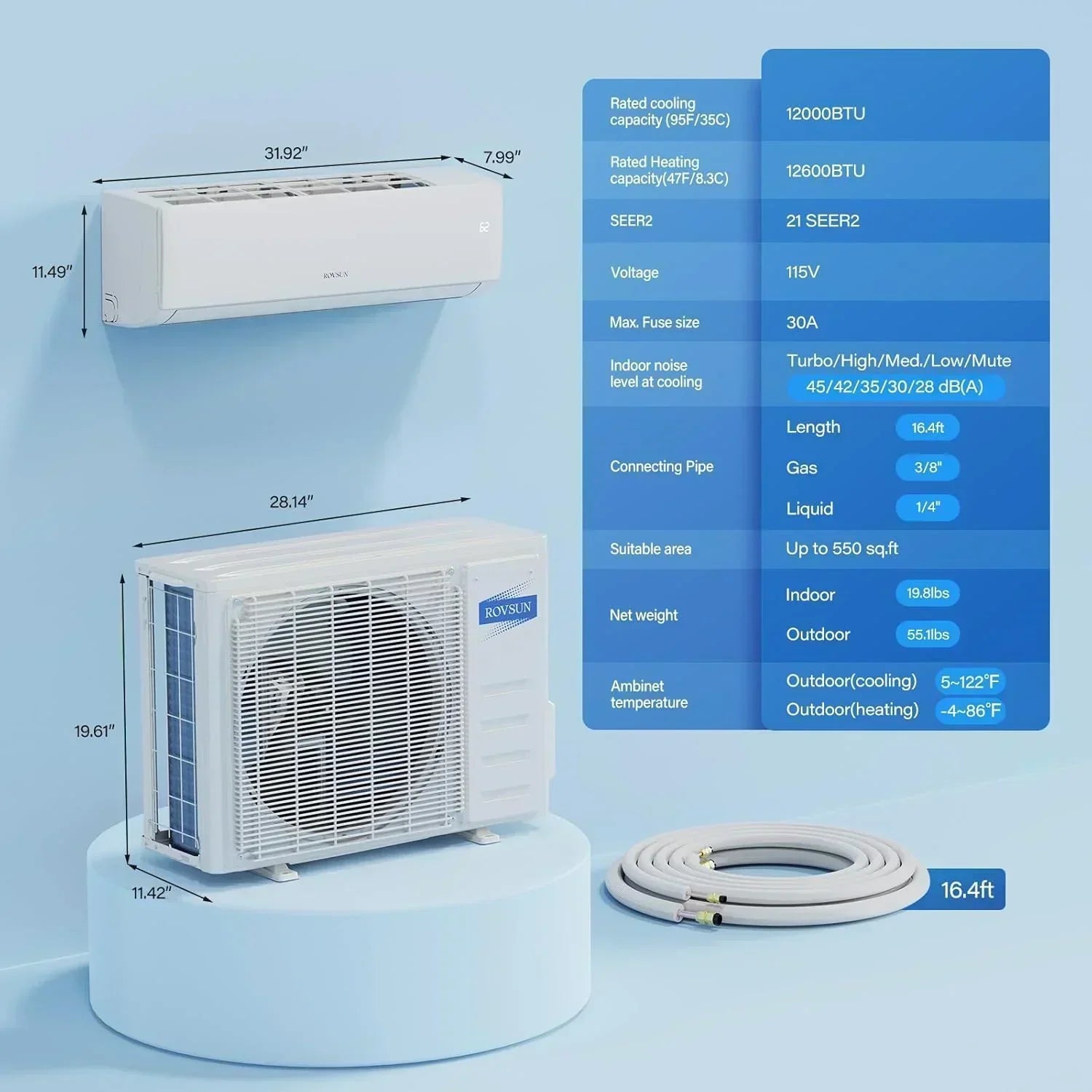 ROVSUN 9000 BTU Wifi Enabled Mini Split Air Conditioner Heater Inverter 19 SEER2 Energy Saving wourant
