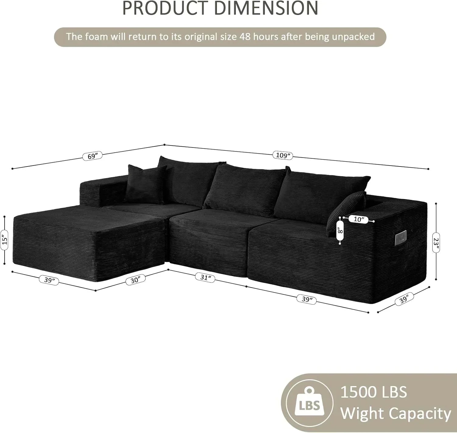 Cloud sofa with L-shaped lounge chair modern modular sofa with deep seats wourant