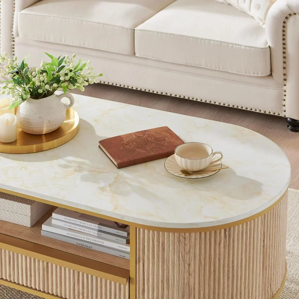 OKD Modern Luxury Grooved Coffee Table 48 Inch Oval Coffee Table Drawers Imitation Marble Top wourant