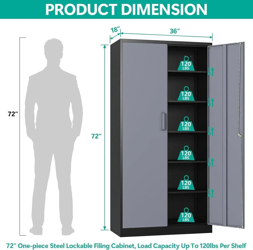 Metal Storage Cabinet with 2 Doors and 6 Shelves Black Metal Cabinet Garage Storage Cabinet wourant
