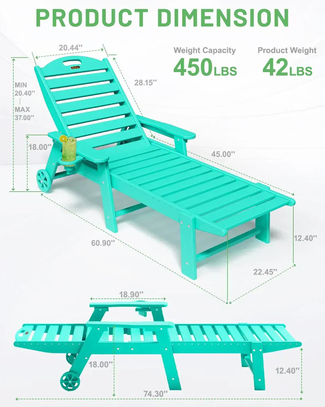 Lounge Chair Outdoor Chaise Lounge HDPE 6-Position Outdoor Chaise Lounge Patio Lounge Chair wourant