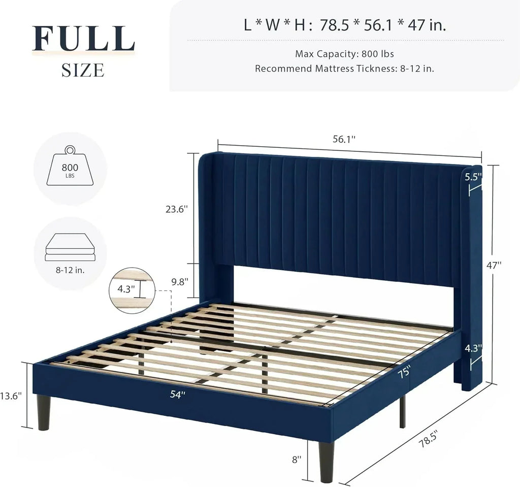 Allewie Full Size Velvet Bed Frame Vertical Channel Tufted Wingback Headboard Upholstered Bed wourant
