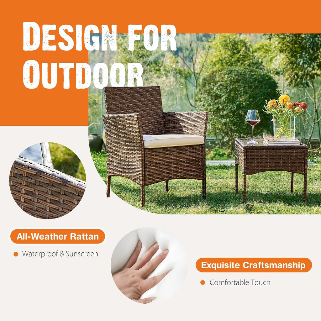 Sweetcripy Patio Furniture Set 3 Pieces Outdoor Furniture with Soft Cushion and Glass Table wourant
