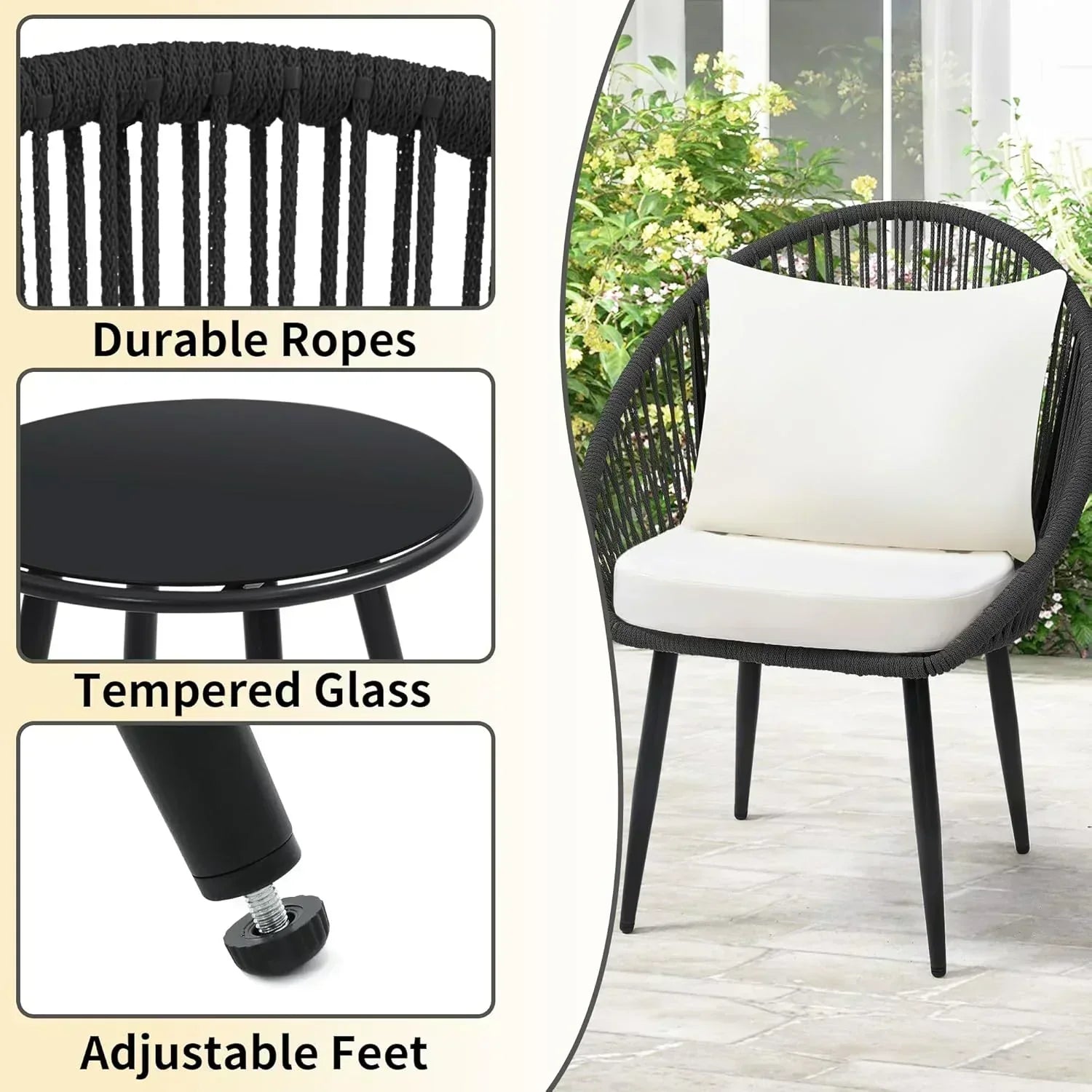 3 Piece Bistro Set Woven Rope Chair with Cushions All Weather Patio Conversation Set Side Table wourant