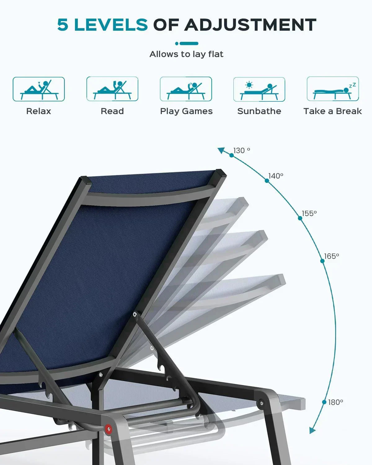 Aluminum Chaise Lounge Outdoor Foldable Assemble Free Outdoor Lounge Chair 5 Adjustable Backrest wourant