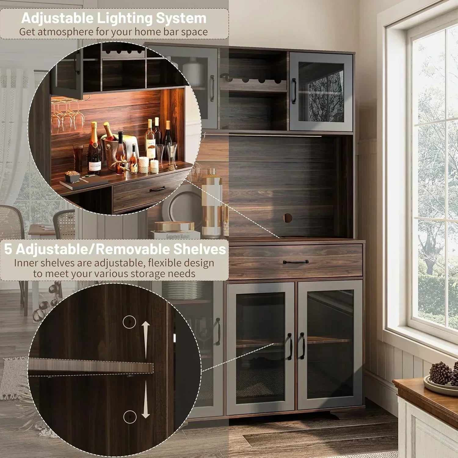 Kitchen Hutch Pantry Cabinet 71" Tall with Glass Doors wourant