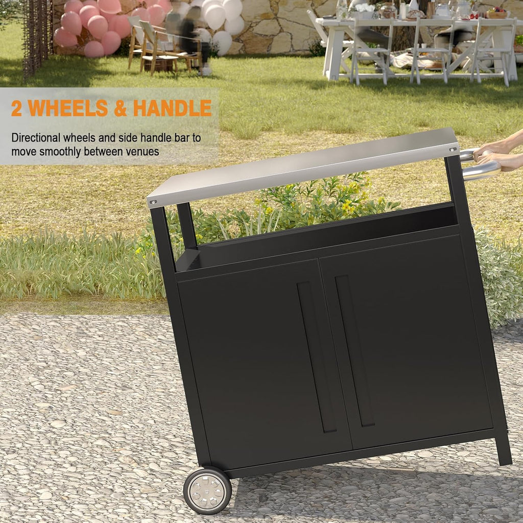 Stainless Steel Outdoor Grill Cart Pizza Oven Stand Trolley Table with Wheels Three-Shelf wourant