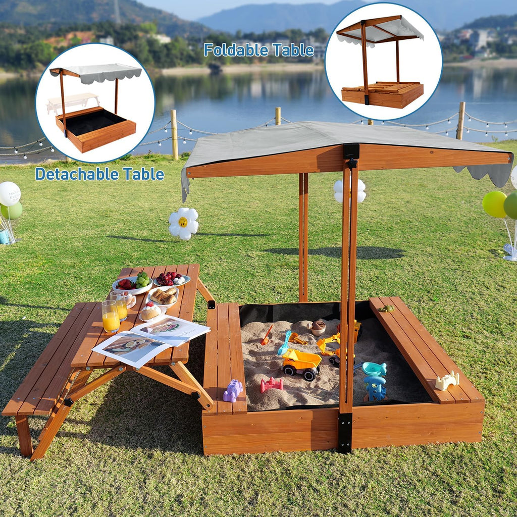 Wooden Kids Sandbox with Lid Outdoor Sand Box with Picnic Table Foldable Sandpit with Cover wourant