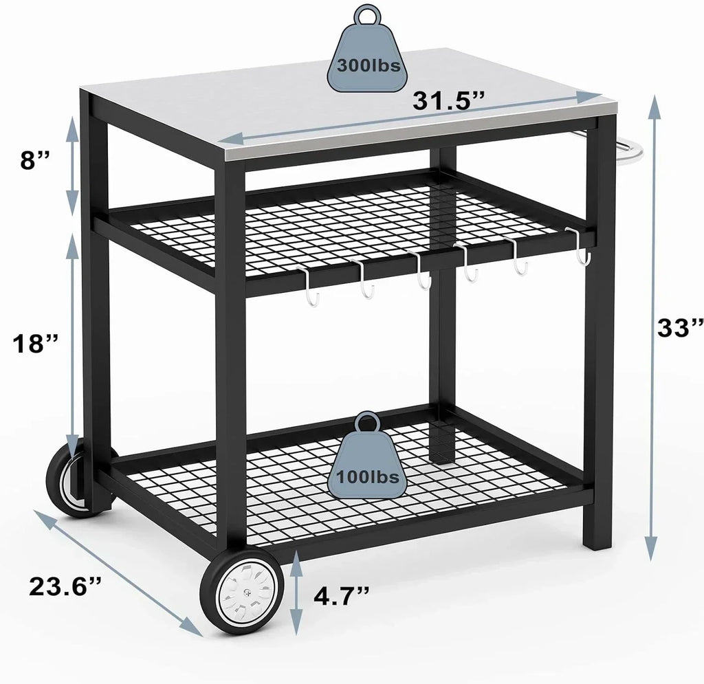Stainless Steel Outdoor Grill Cart Pizza Oven Stand Trolley Table with Wheels Three-Shelf wourant