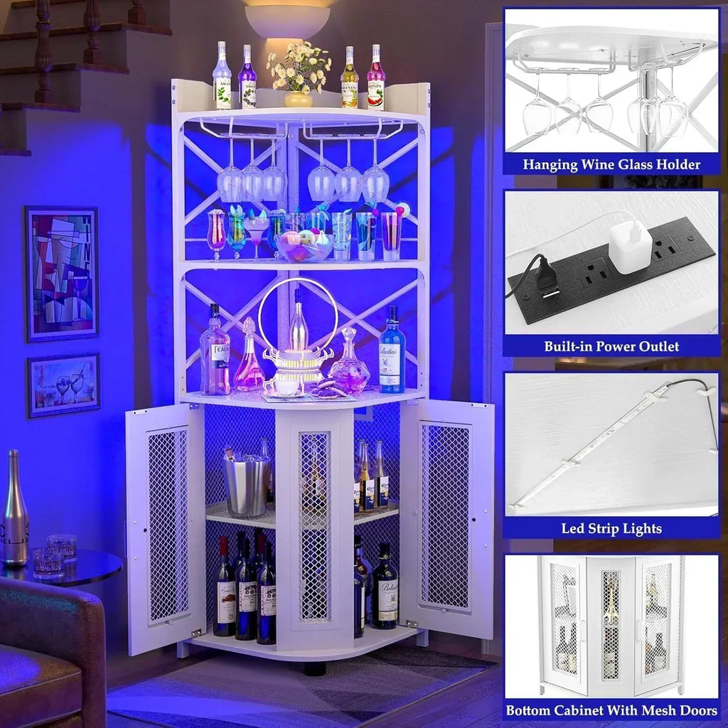 Corner bar cabinet with power socket industrial style wine cabinet light strip and glass rack wourant