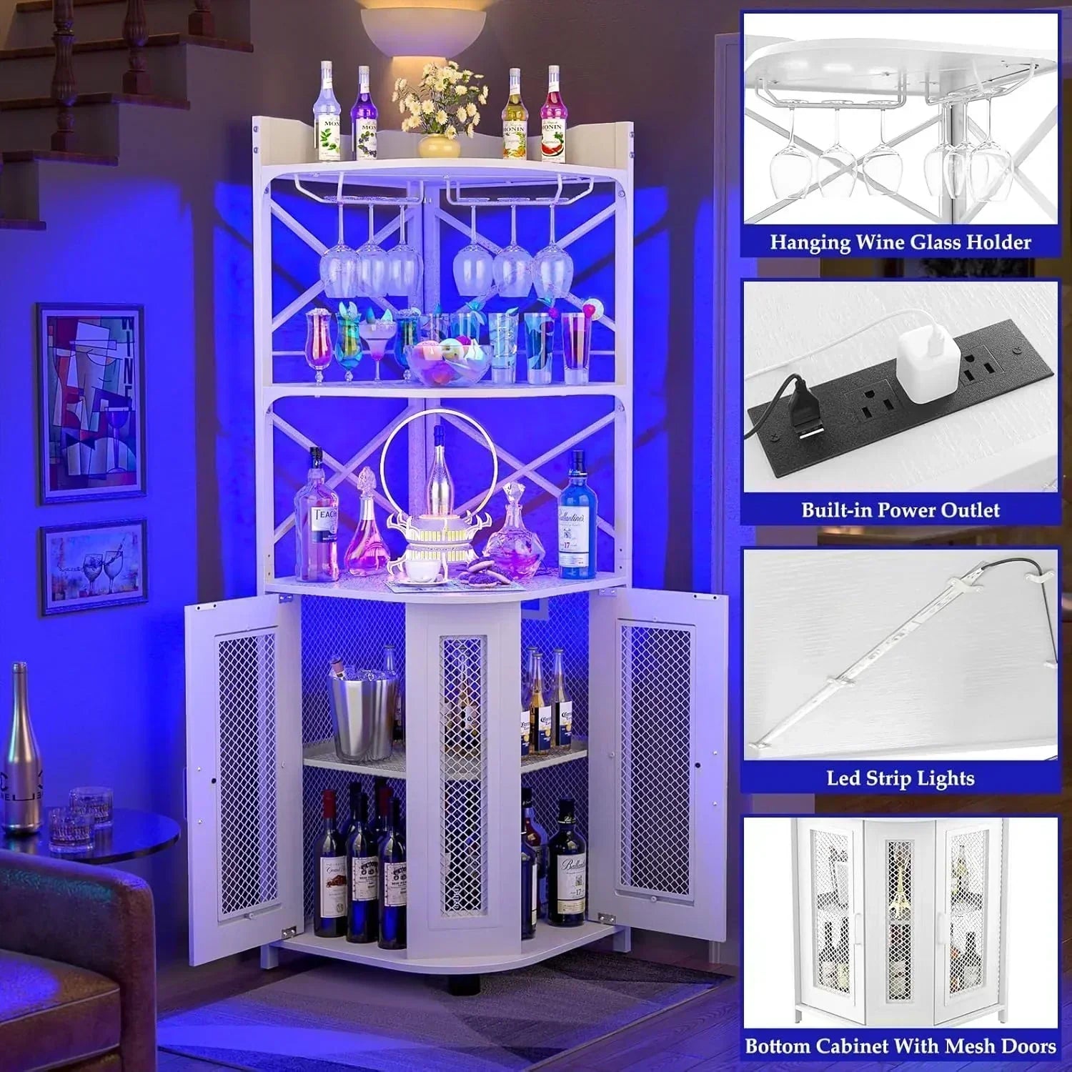 Corner bar cabinet with power socket industrial style wine cabinet light strip and glass rack wourant