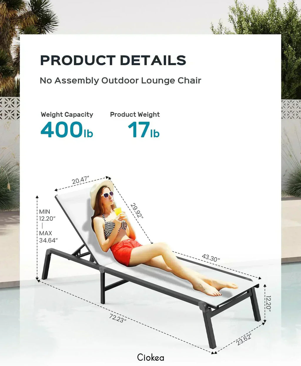 Aluminum Chaise Lounge Outdoor Foldable Assemble Free Outdoor Lounge Chair 5 Adjustable Backrest wourant
