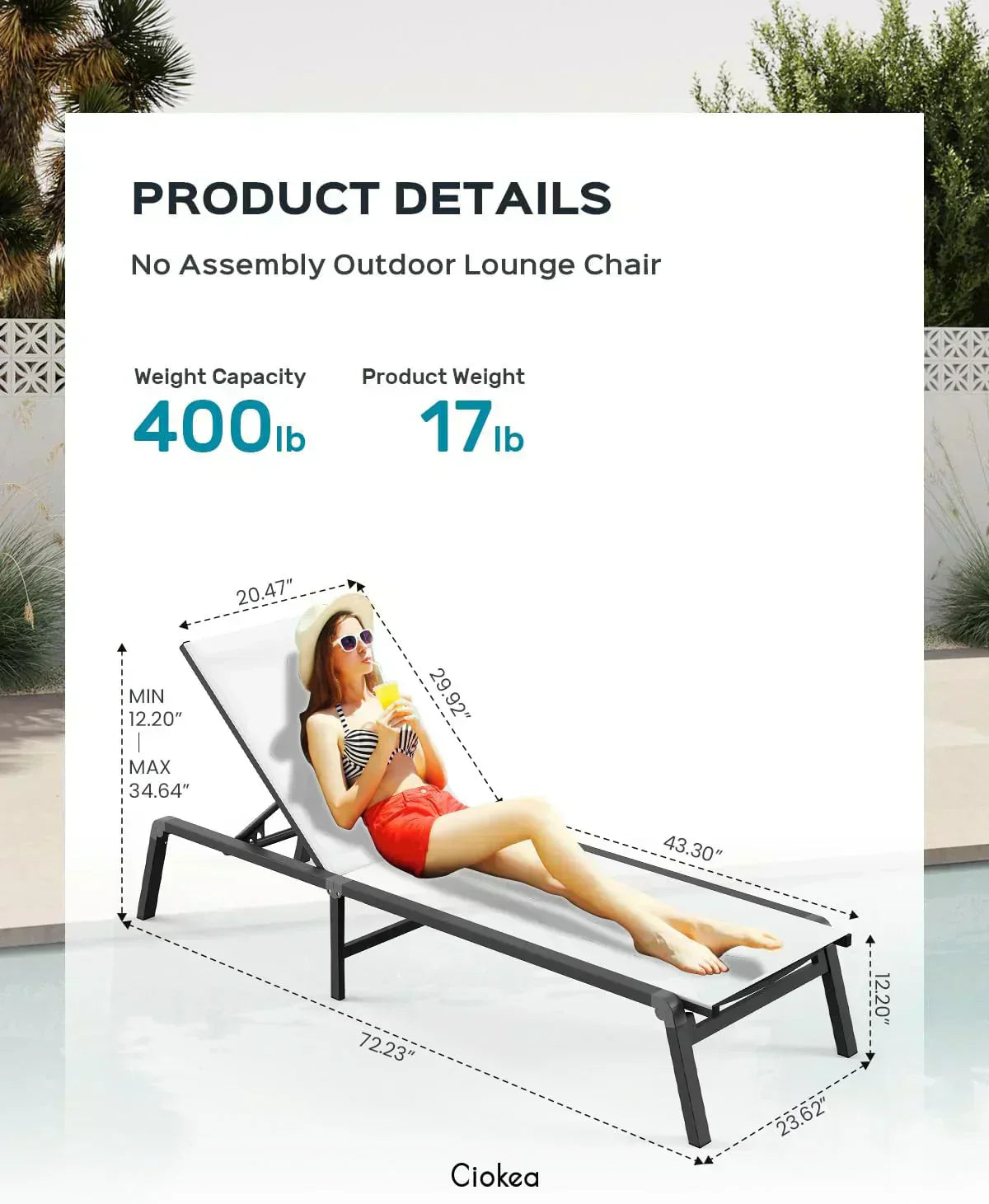 Aluminum Chaise Lounge Outdoor Foldable Assemble Free Outdoor Lounge Chair 5 Adjustable Backrest wourant