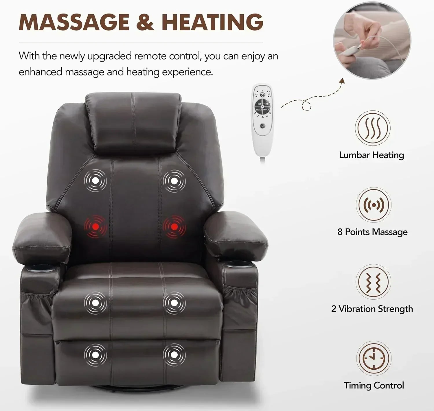 Large Swivel Rocking Recliner with Massage Function 360 Degree Swivel Rocking Single Sofa wourant