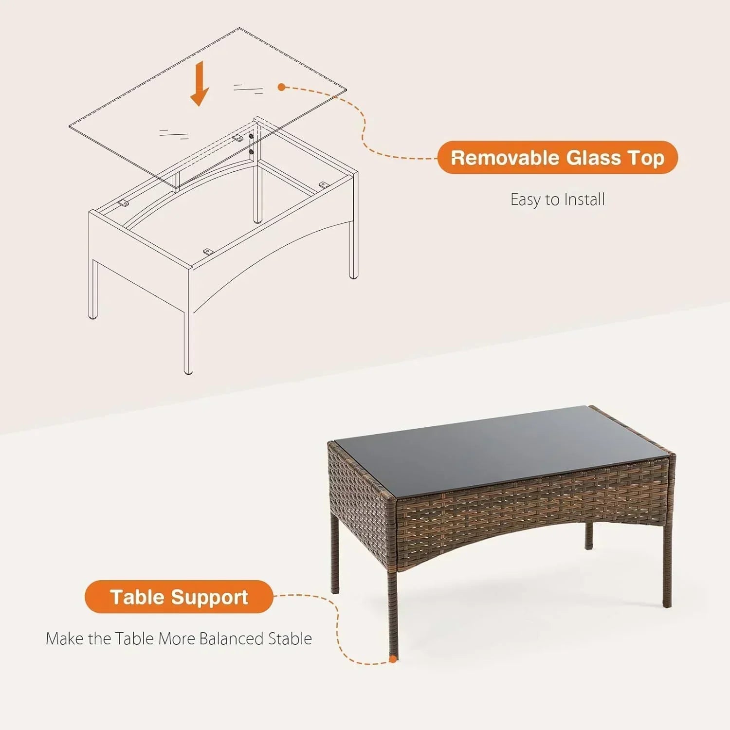 Sweetcripy Patio Furniture Set 3 Pieces Outdoor Furniture with Soft Cushion and Glass Table wourant