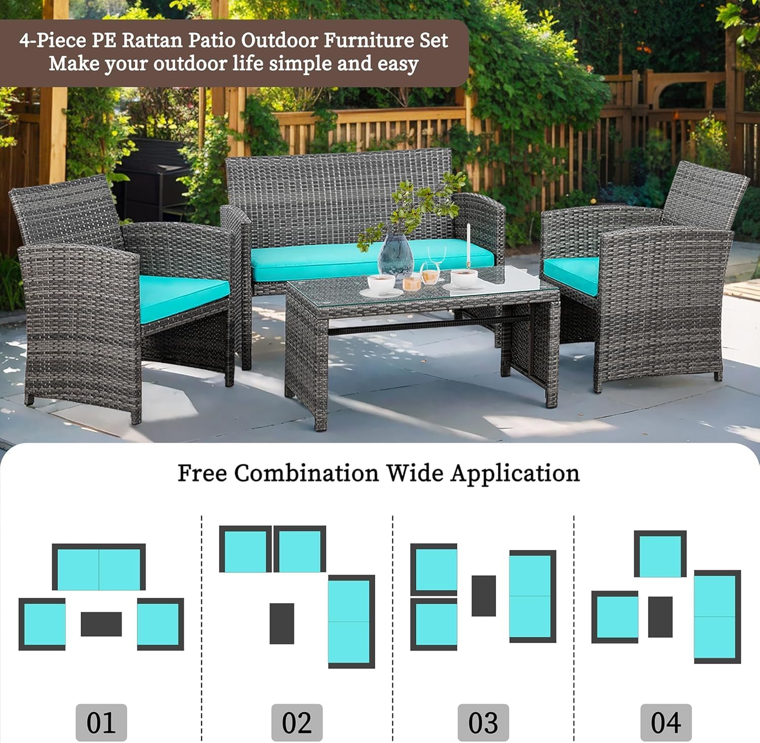 Shintenchi 4 Piece Patio Ratten Set Outdoor Furniture Set Wicker Conversation Set wourant