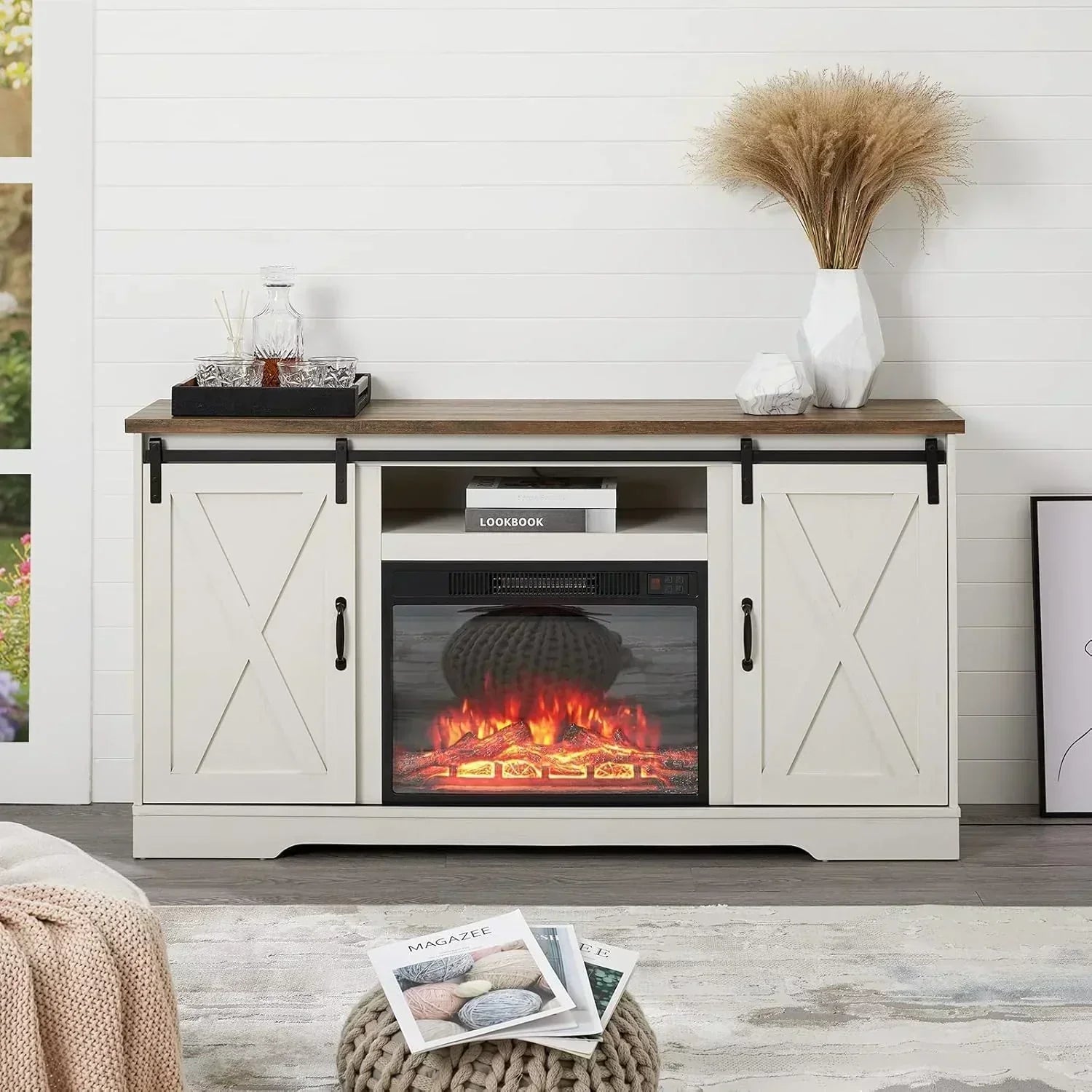 AMERLIFE Fireplace TV Stand with Sliding Barn Door  Farmhouse 63" Fireplace Entertainment Center wourant