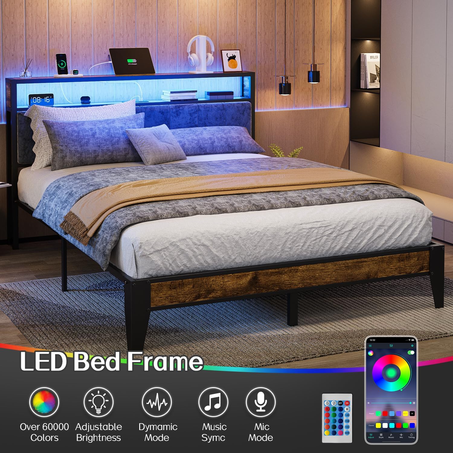 OLEVS Single Bed Frame LED Light Storage Headboard Type C Charging Station Metal Platform Bed wourant