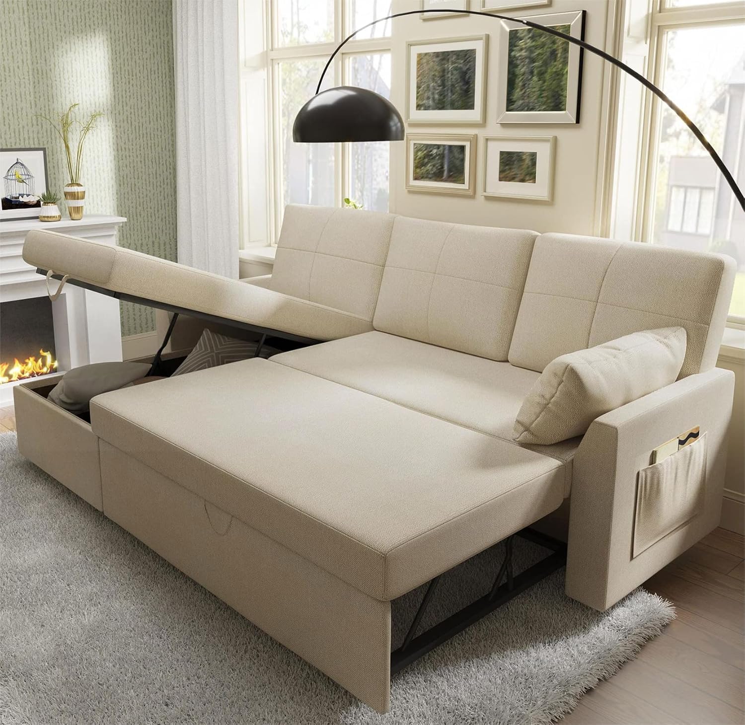 VanAcc Sofa Bed Sleeper Sofa with Storage Chaise 2 in 1 Pull Out Couch Living Room wourant