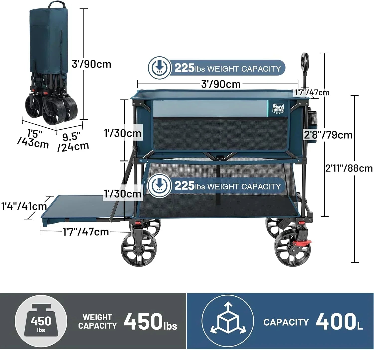 400L Large Capacity Folding Double Decker Cart with Brakes 54 Inch Extra Long Extended Cart wourant