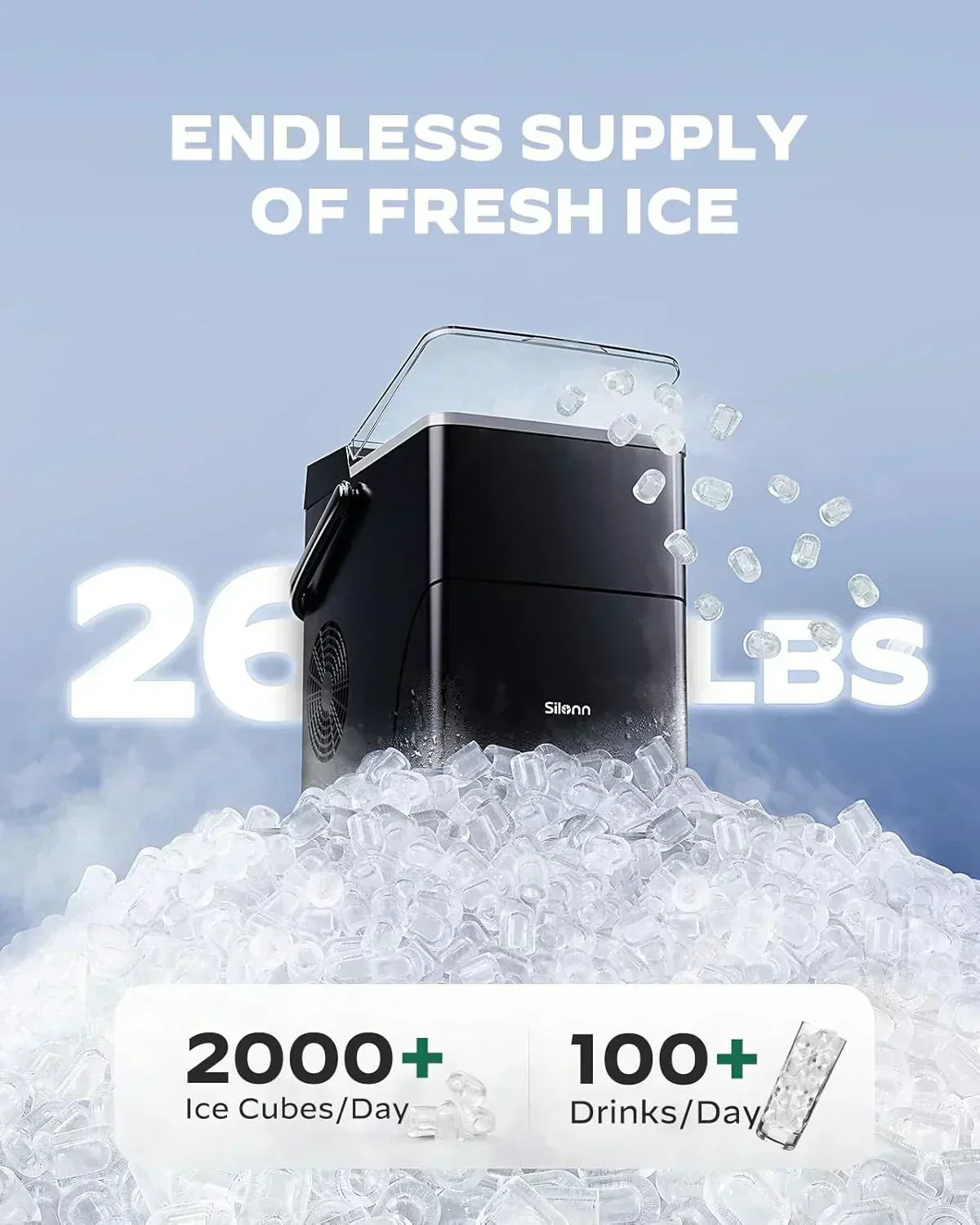 Silonn Countertop Ice Maker Expanding Ice Basket 9 Cubes Ice Basket Self-Cleaning Ice Maker wourant
