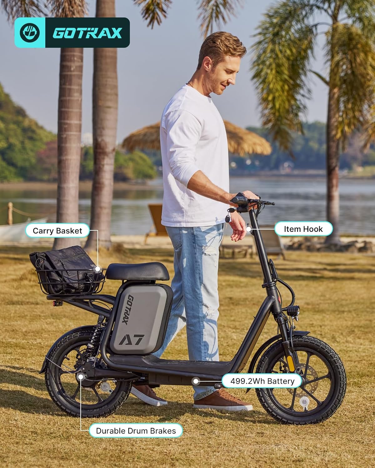 Gotrax adult electric scooter with seat maximum range of 19-25 miles all-terrain tires wide pedals wourant