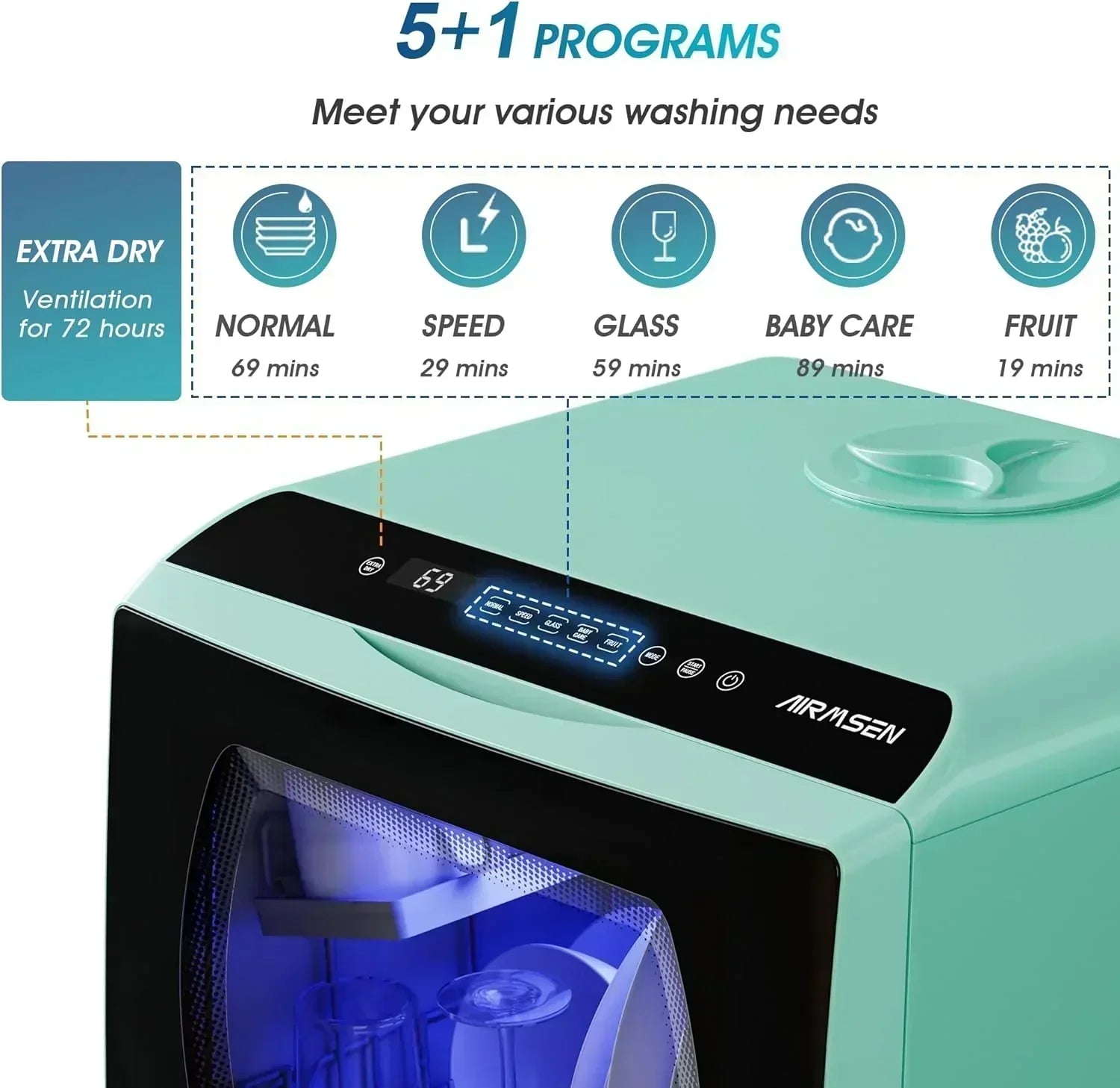 AIRMSEN portable tabletop dishwasher 5 washing programs mini dishwasher wourant