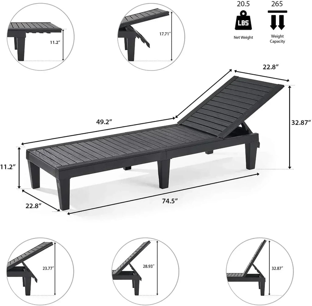 Patio Chairs Black Chaise Lounge Chair Outdoor 5-Position Adjustable Sun Tanning Chair wourant