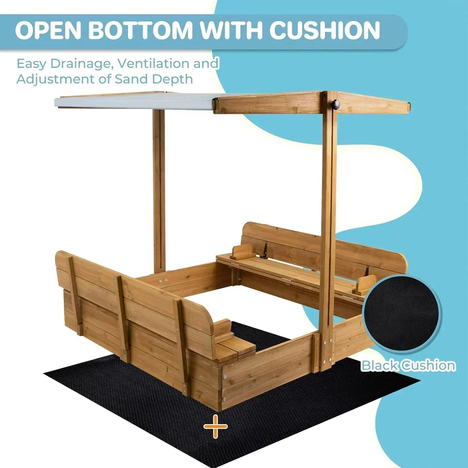 Kids Sandbox with Lid Wooden Sand Box Cover Outdoor UV-Protection Natural Wood Foldable Bench Seat wourant