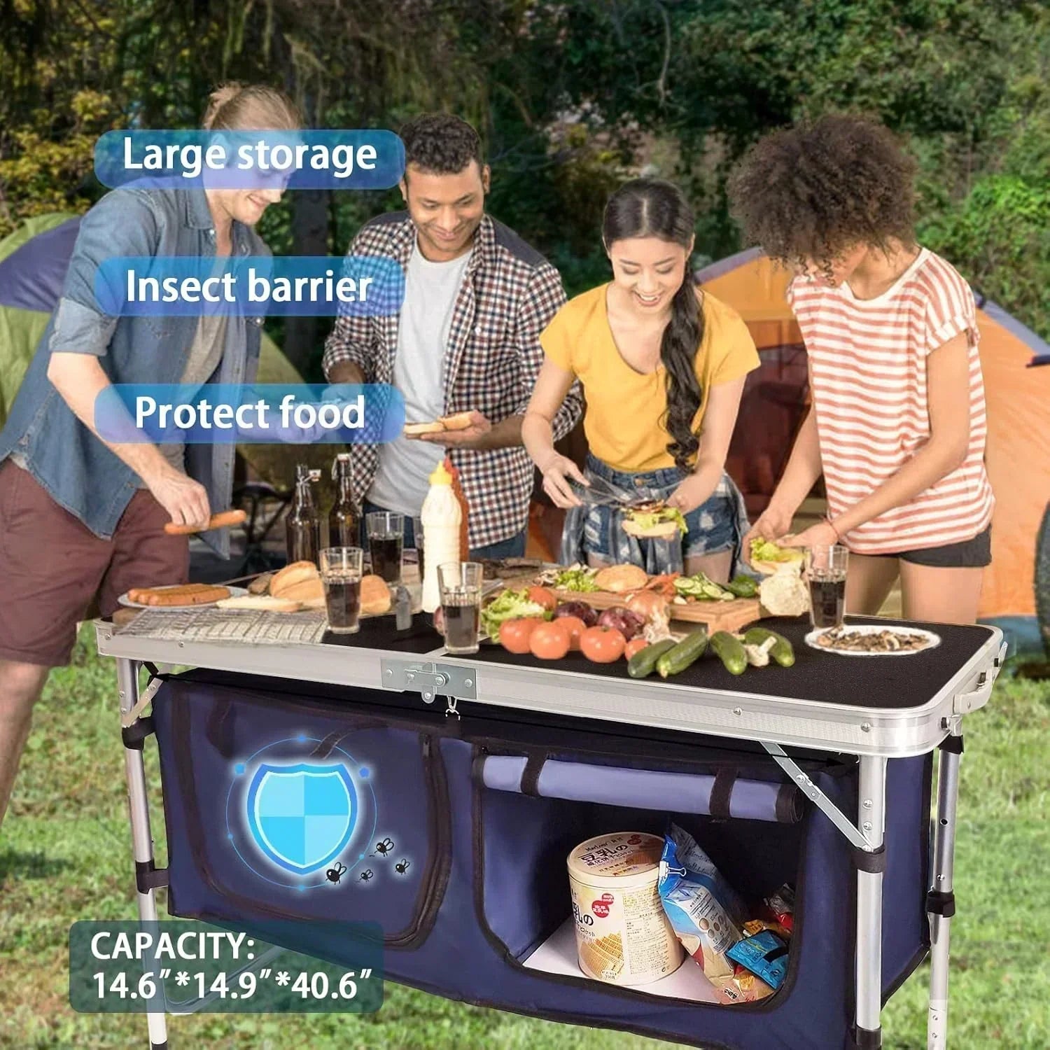 Outdoor Folding Table Aluminum Lightweight Height Adjustable with Storage Organizer wourant