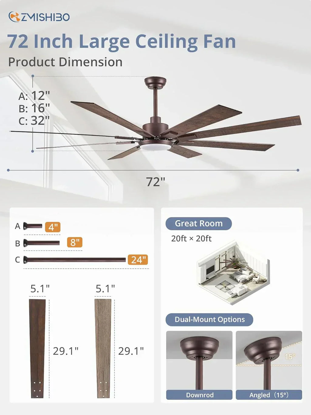 Zmishibo 72-inch large ceiling fan with lighting and remote indoor/outdoor wourant