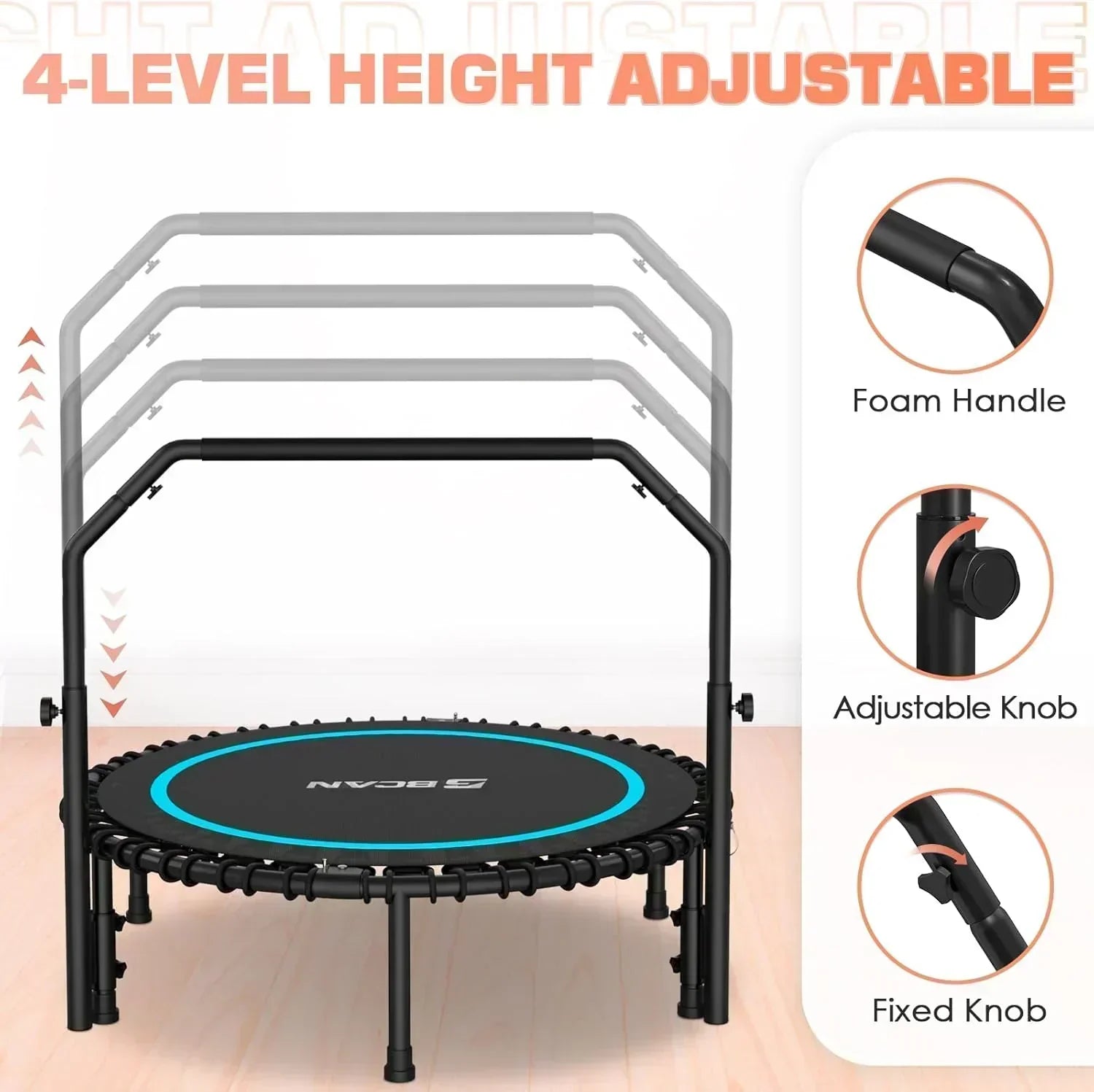 BCAN 450/550 LBS Foldable Mini Trampoline Fitness Trampoline Bungees Adjustable Foam Handle wourant
