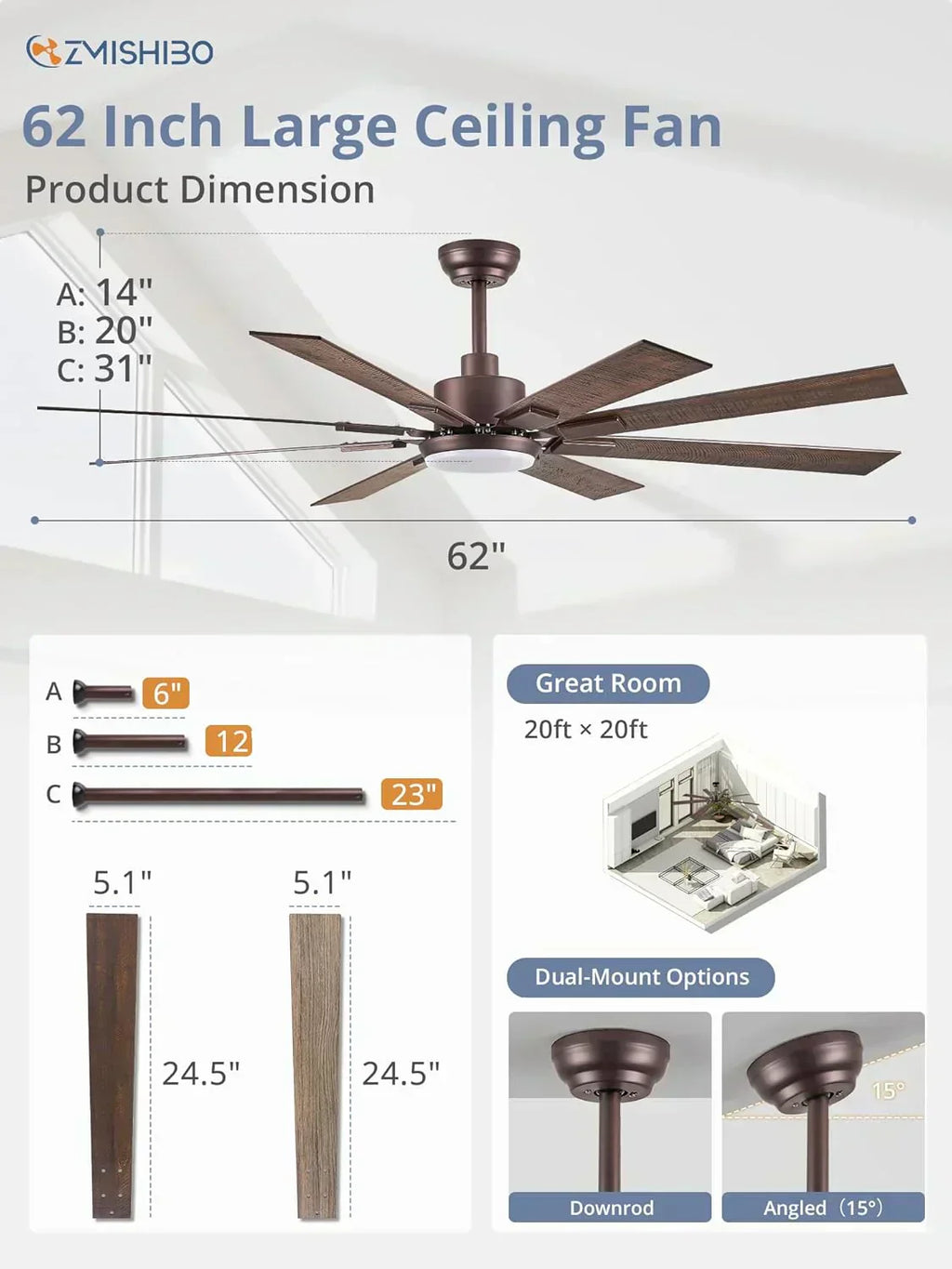 Zmishibo 72-inch large ceiling fan with lighting and remote indoor/outdoor wourant