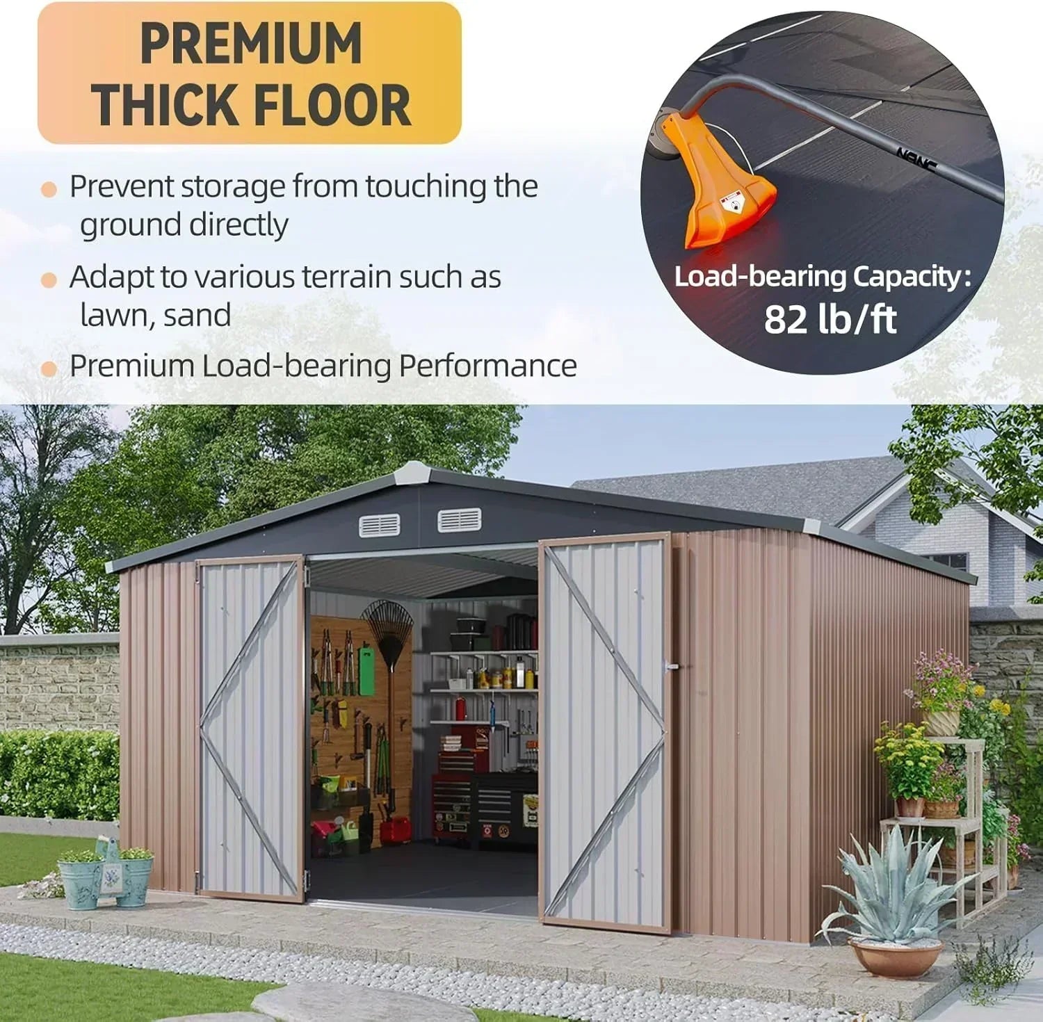 Aoxun 12x10 FT Shed Metal Outdoor Waterproof Storage Shed Steel Utility Garden Tool Shed wourant