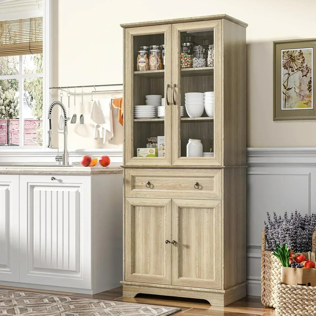 Kitchen Hutch Pantry Cabinet 71" Tall with Glass Doors wourant