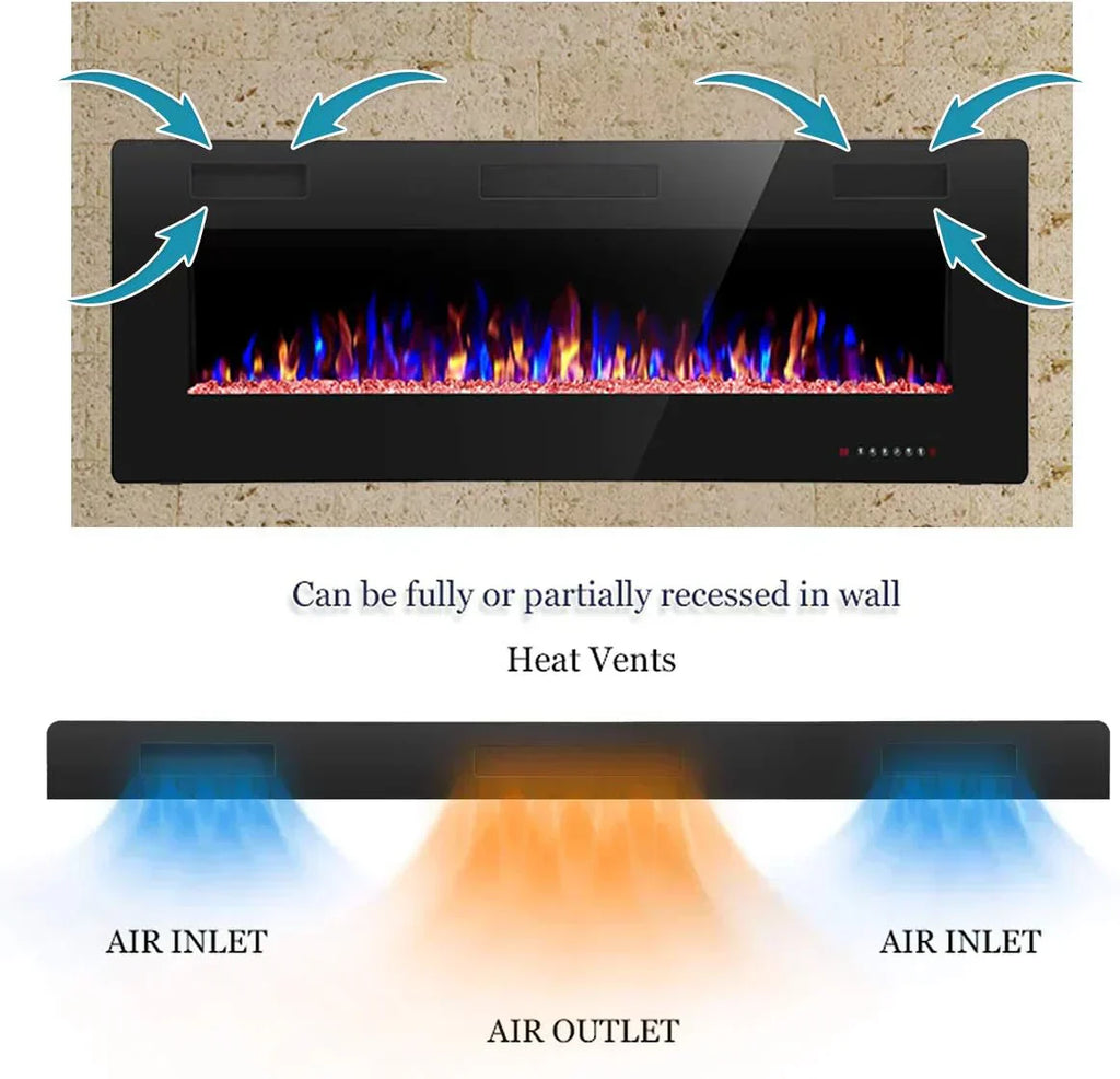 R.W.FLAME 60" Recessed and Wall Mounted Electric Fireplace Low Noise Fit for 2 x 6 Stud wourant