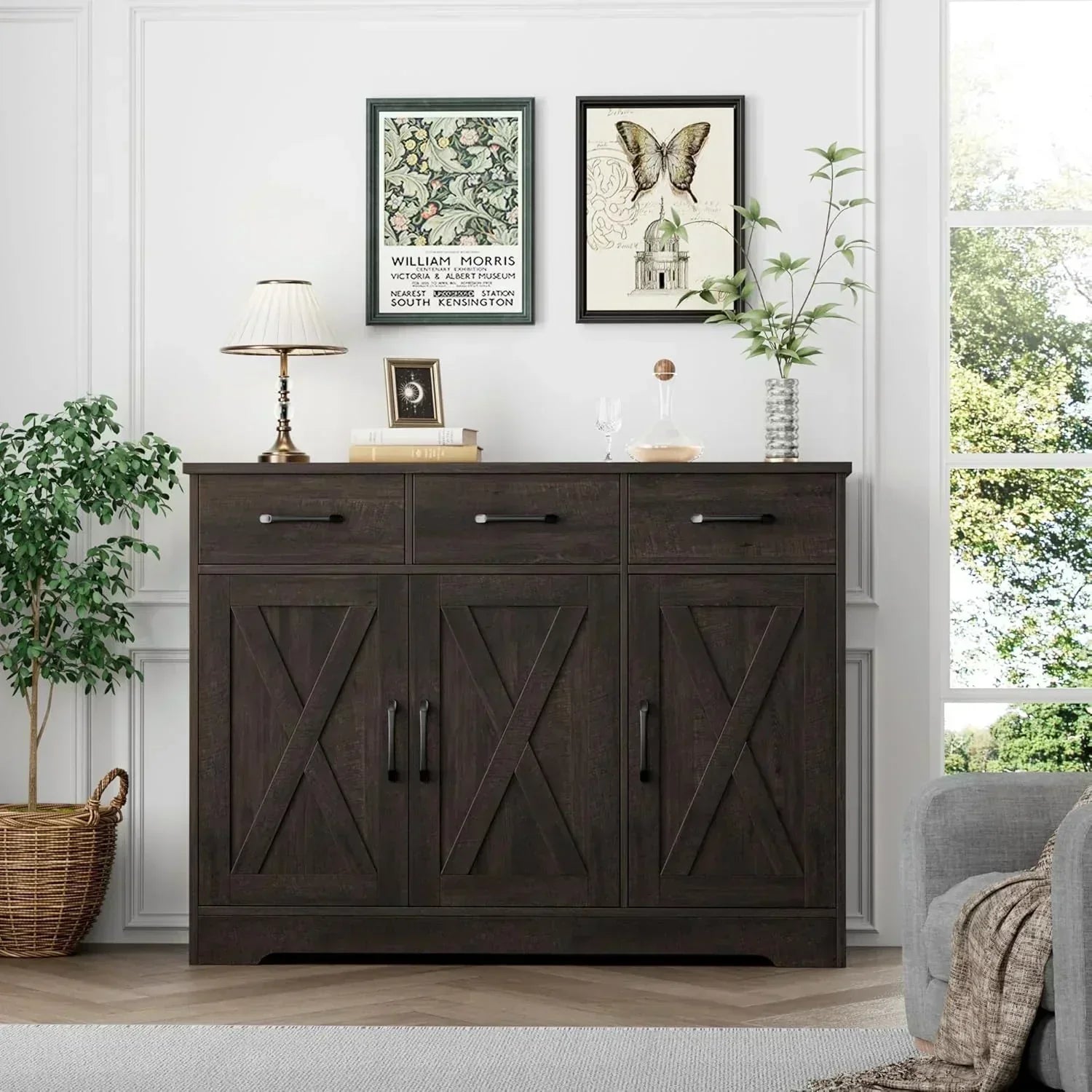 Modern farmhouse sideboard barn door buffet storage cabinet with drawers and shelves wourant