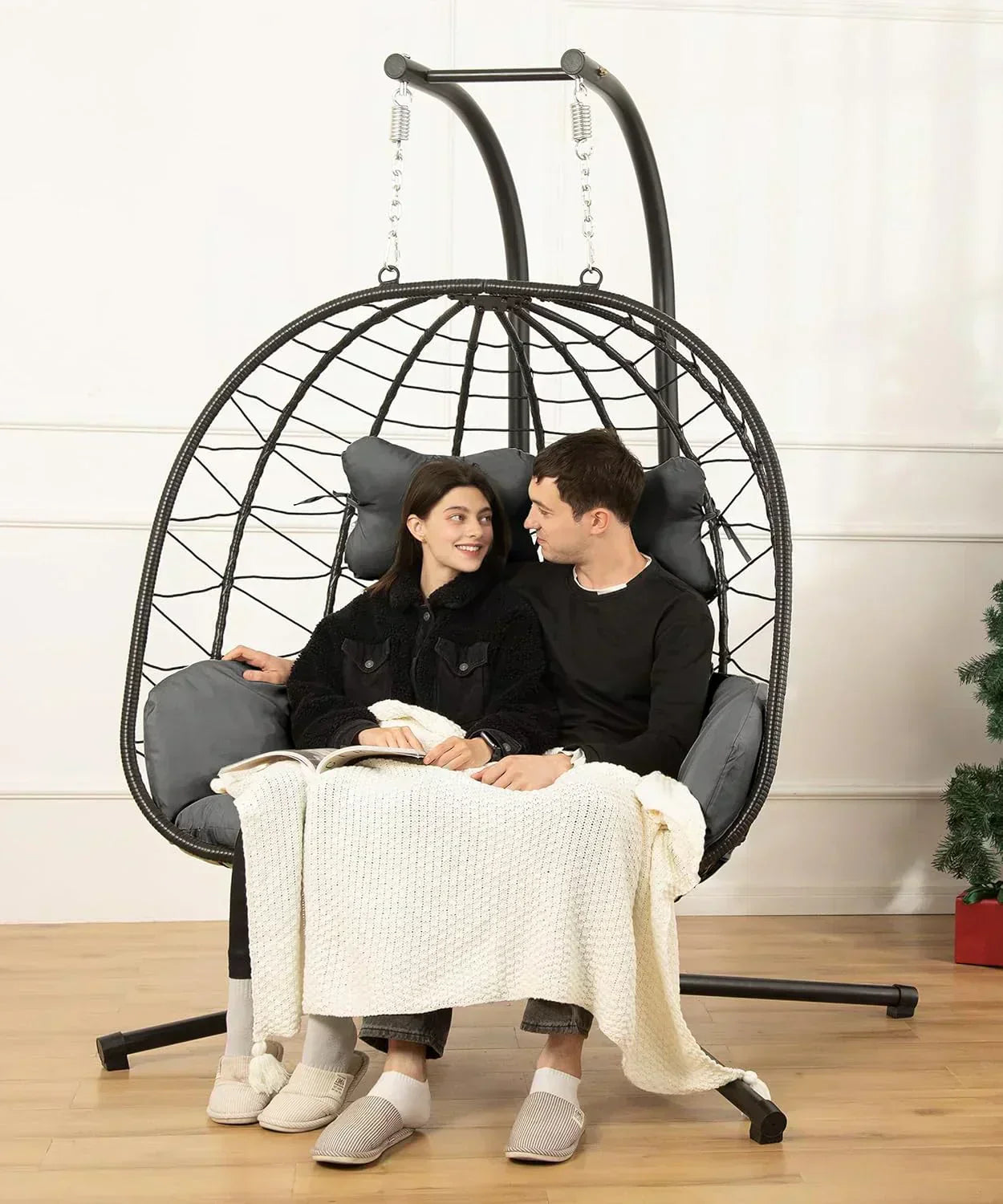Double Egg Chair wth Stand Hammock Swing Chair Foldable Hanging Loveseat UV Resistant wourant