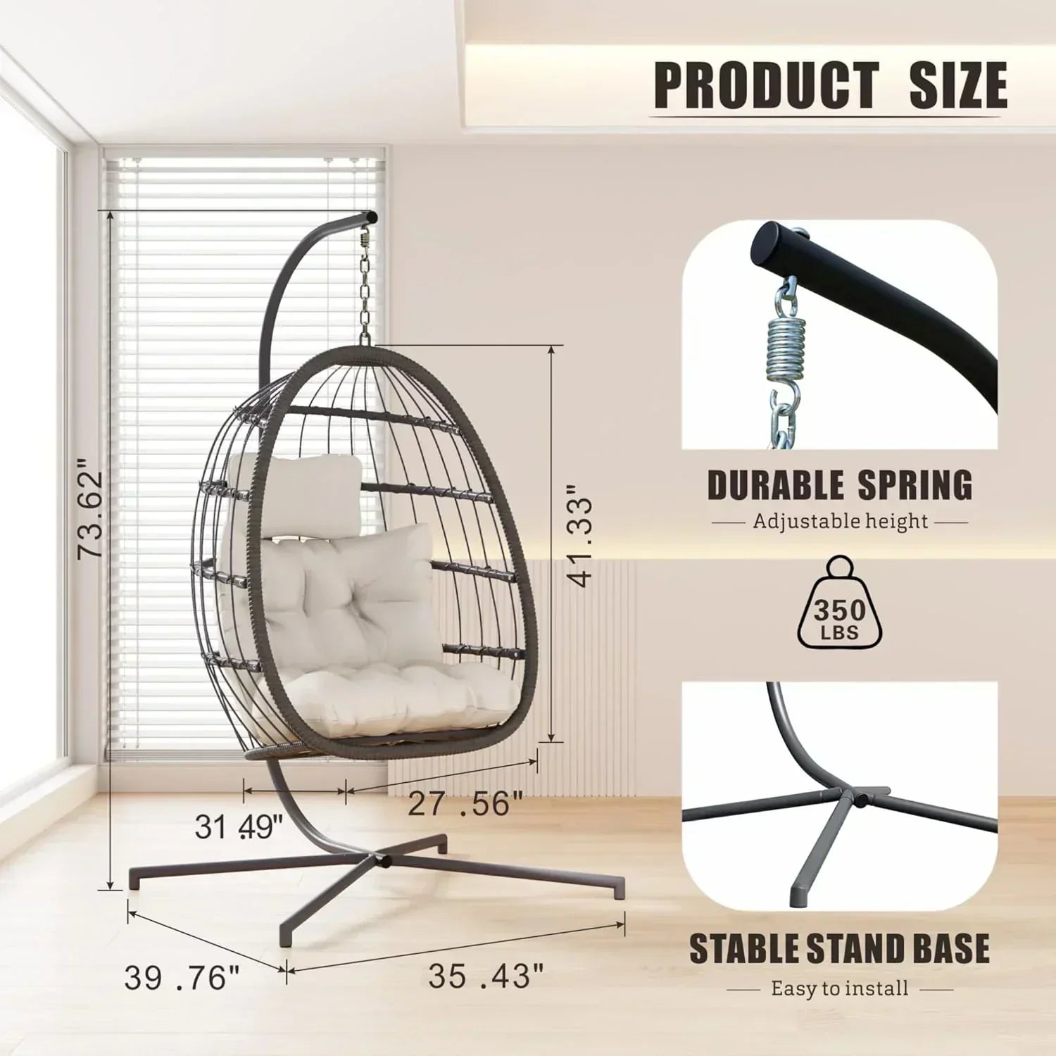 HWB Hanging Egg Chair with Stand Patio Wicker Hammock Egg Swing Chair Cushion for Bedroom wourant