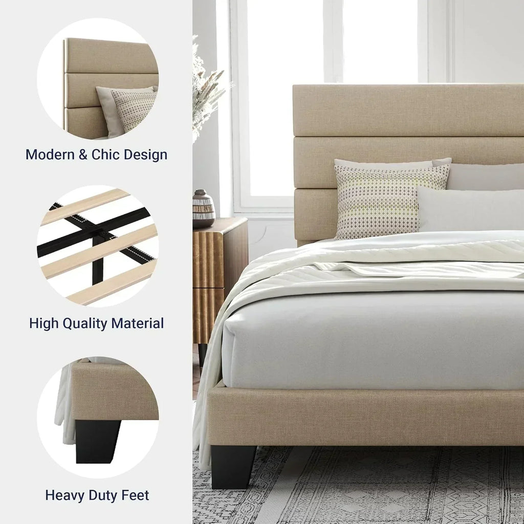 Allewie Queen Size Platform Bed Frame with Fabric Upholstered Headboard Wooden Slats Support wourant
