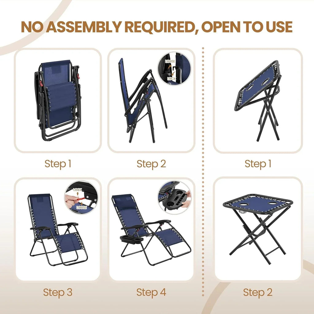 3PCS Zero Gravity Recliner Portable Outdoor Reclining Chair Set Side Table Lounge Chairs wourant