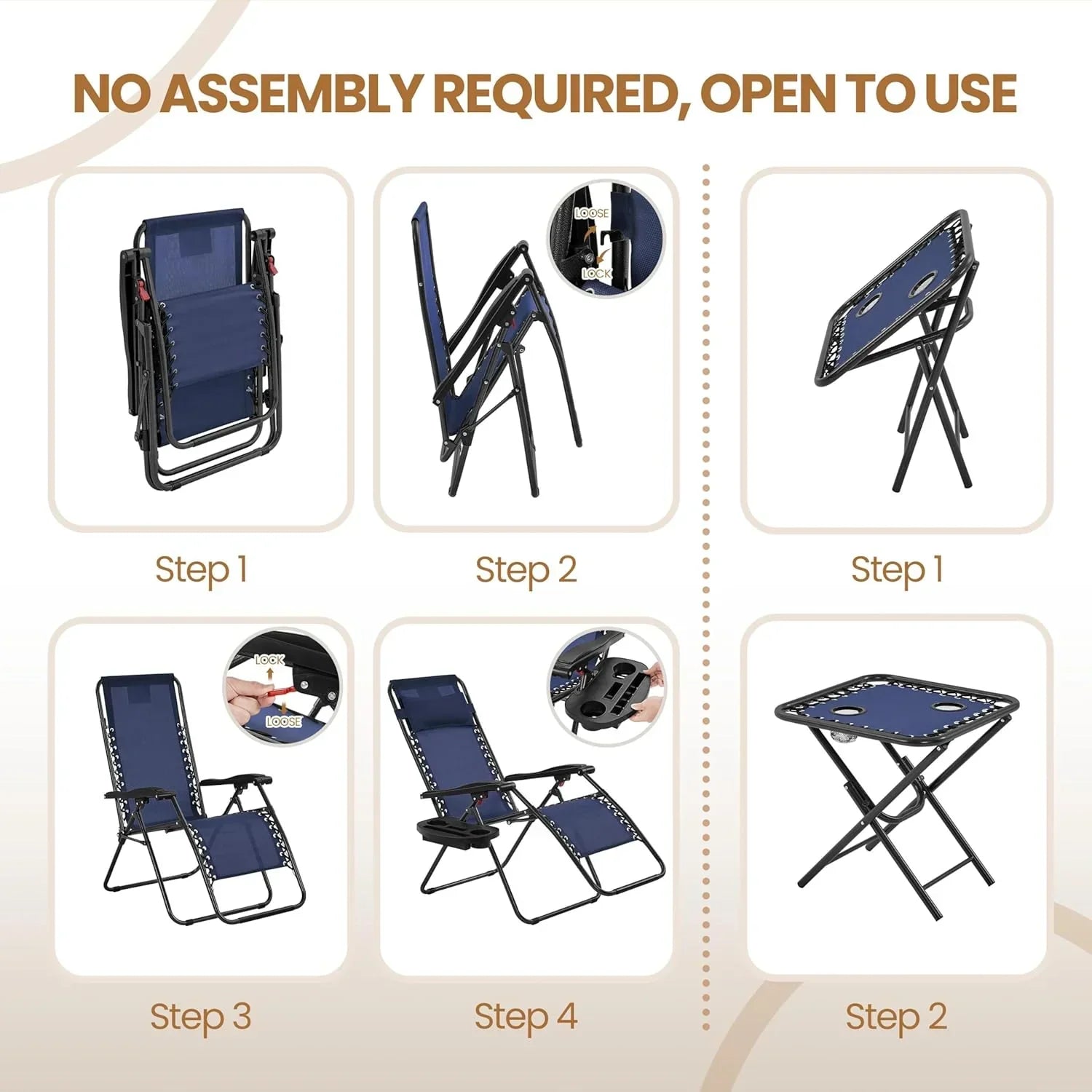 3PCS Zero Gravity Recliner Portable Outdoor Reclining Chair Set Side Table Lounge Chairs wourant