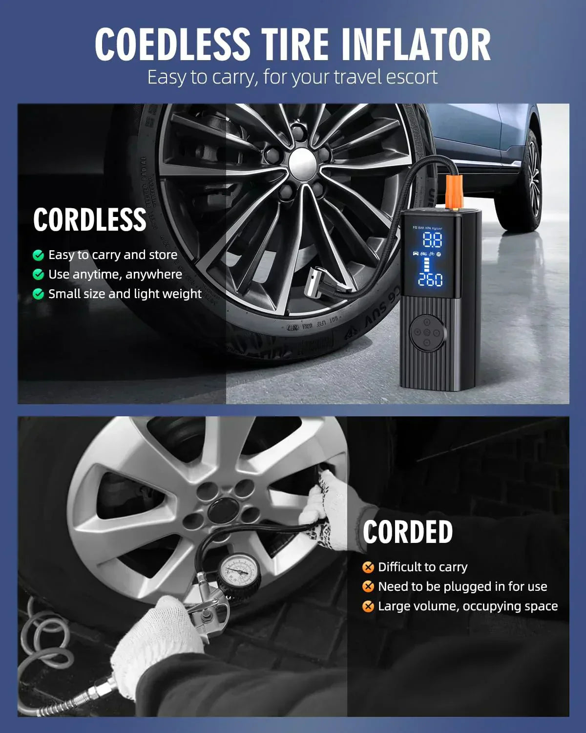 Tire Inflator Portable Air Compressor 180PSI Portable Air Compressor with with LED Light wourant