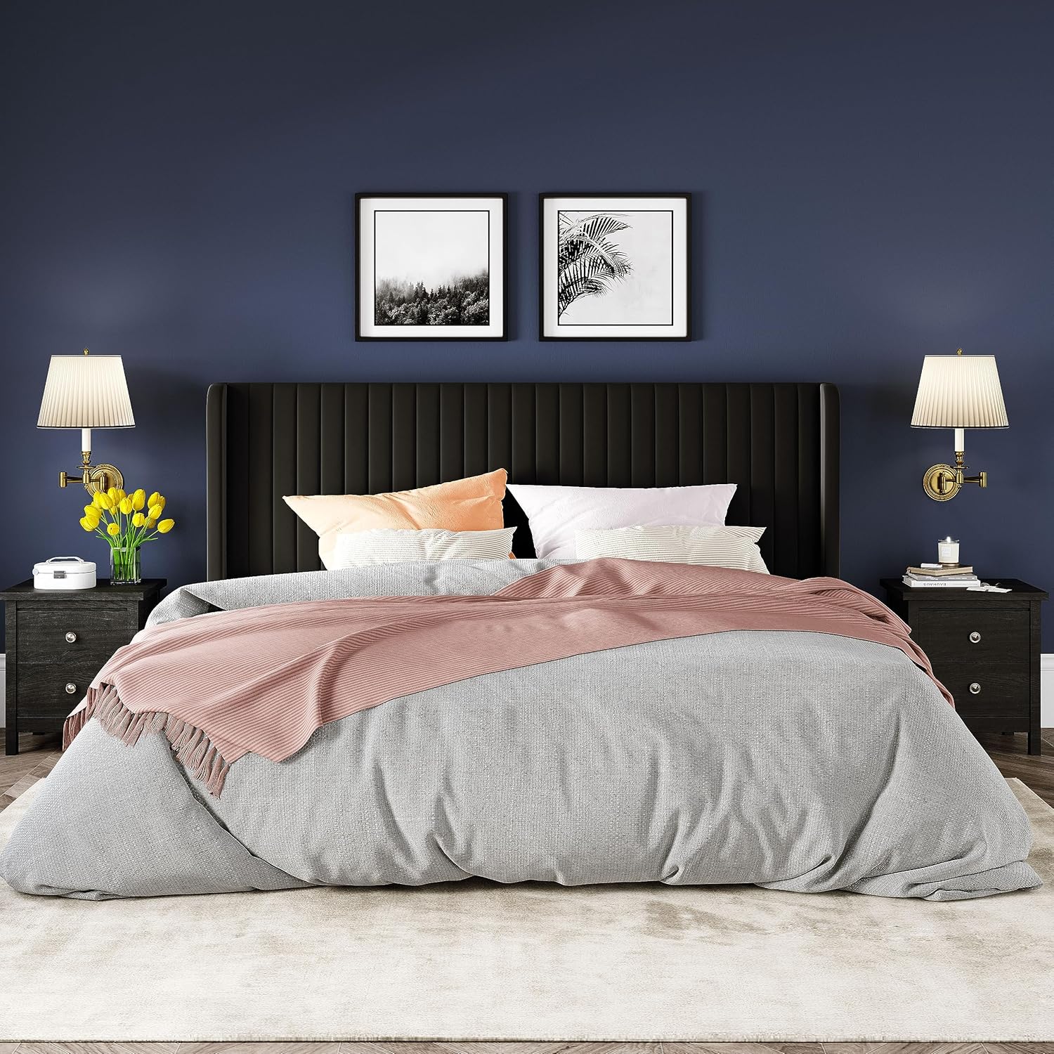 Allewie Full Size Velvet Bed Frame Vertical Channel Tufted Wingback Headboard Upholstered Bed wourant