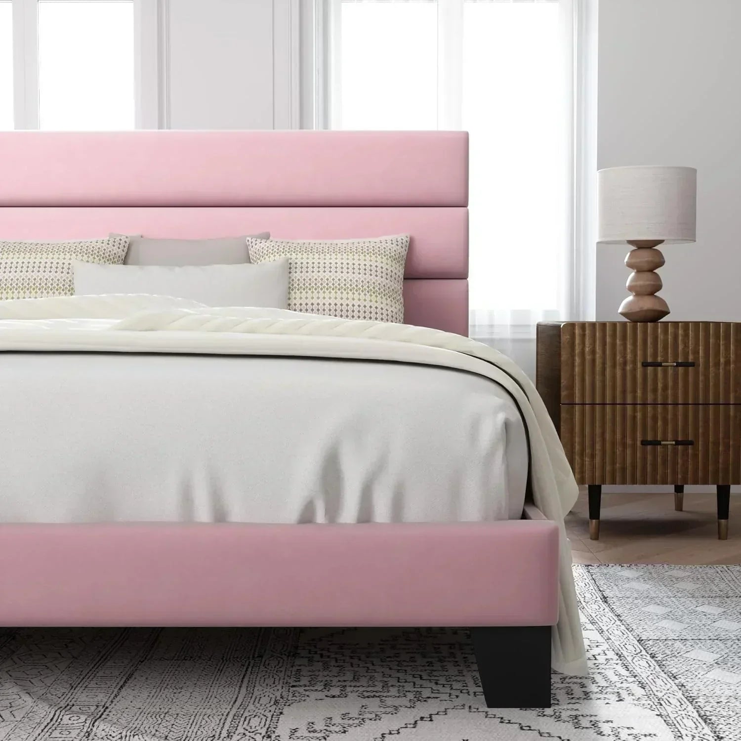 Allewie Queen Size Platform Bed Frame with Fabric Upholstered Headboard Wooden Slats Support wourant