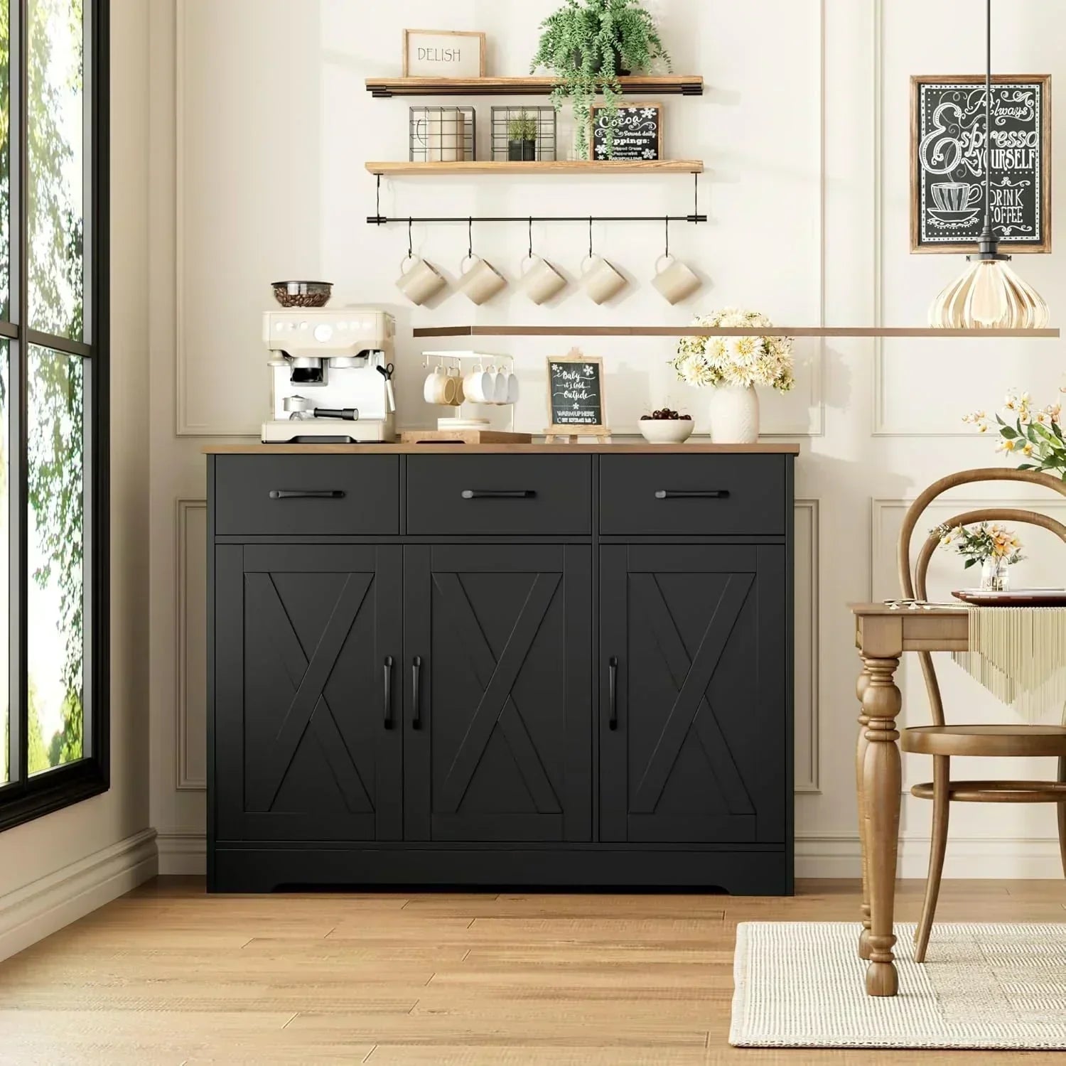 Modern farmhouse sideboard barn door buffet storage cabinet with drawers and shelves wourant