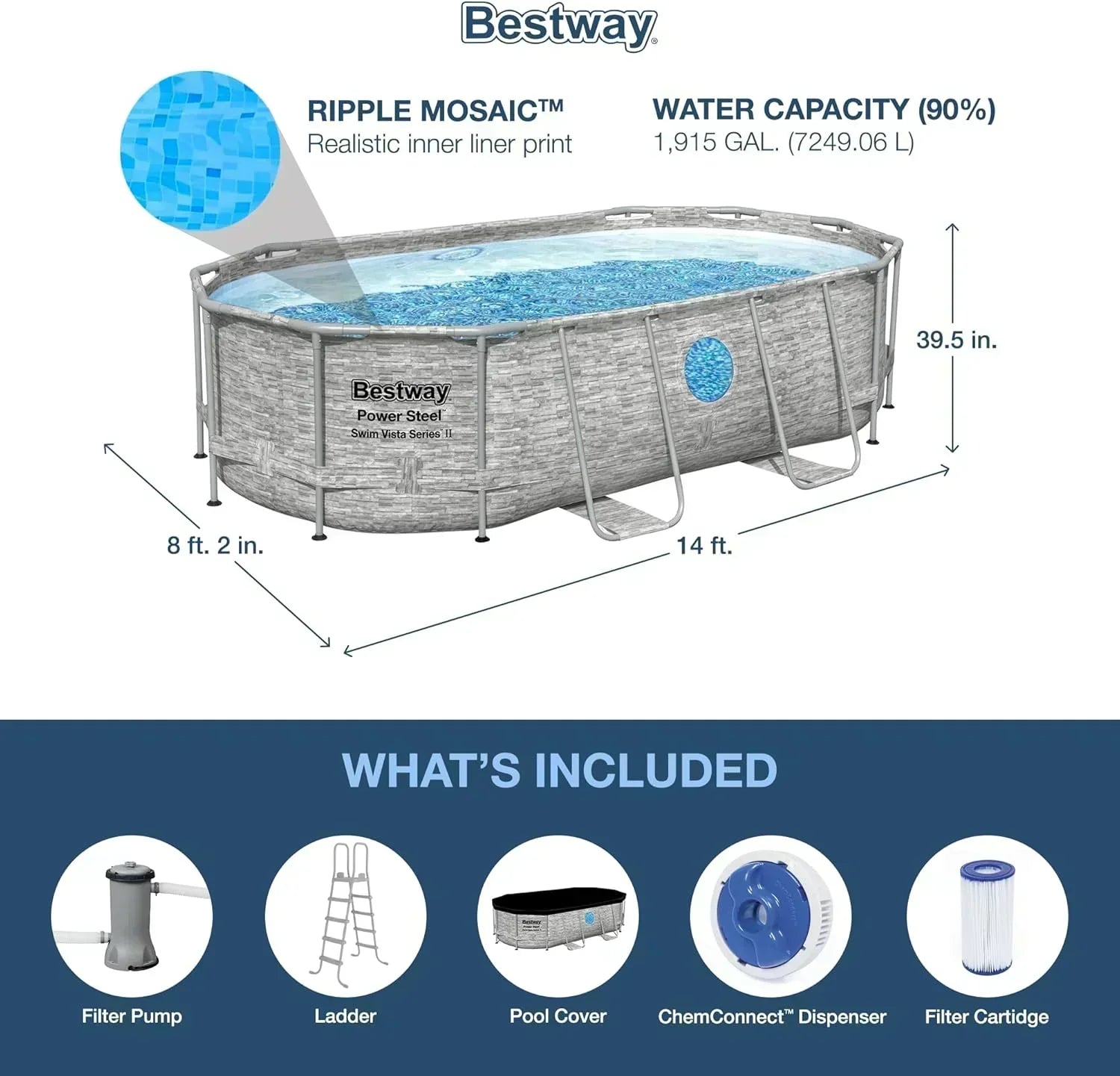Power Steel 14' x 8'2" x 39.5" Oval Above Ground Pool Set Includes 530gal Filter Pump Ladder wourant
