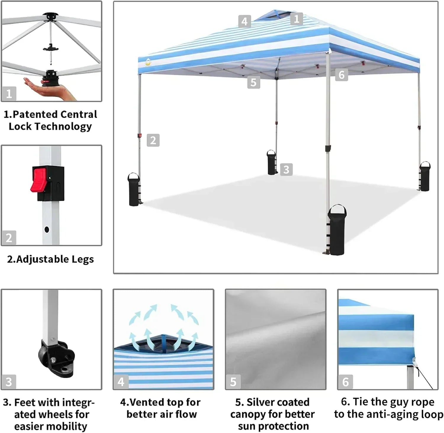 10x10 Pop-Up Awning One-Click Installation Beach Tent Outdoor Sunshade Silver Coated Top wourant