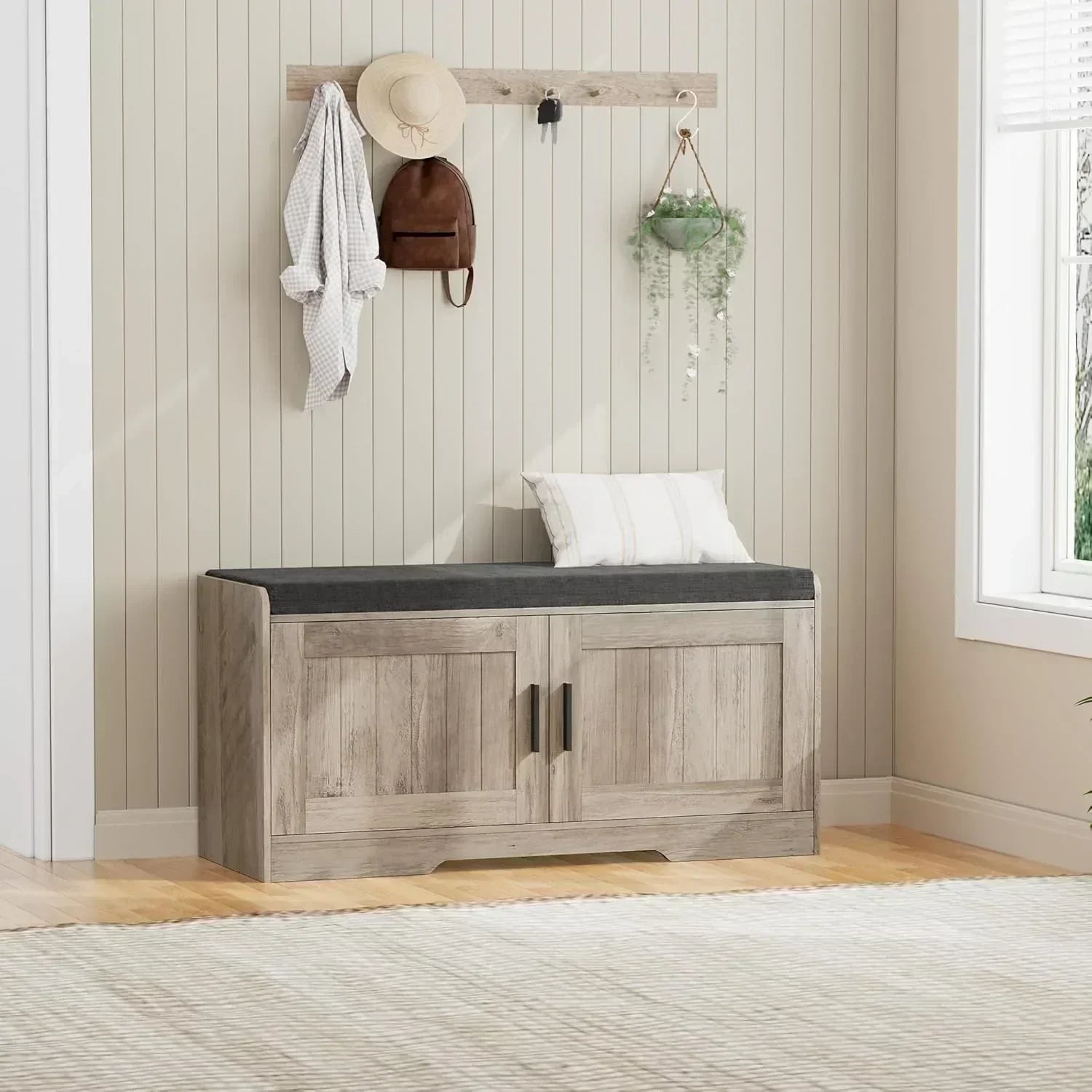 2-Tier Storage Bench Shoe Bench with Thickened Padded Seat Cushion Entryway Bench wourant