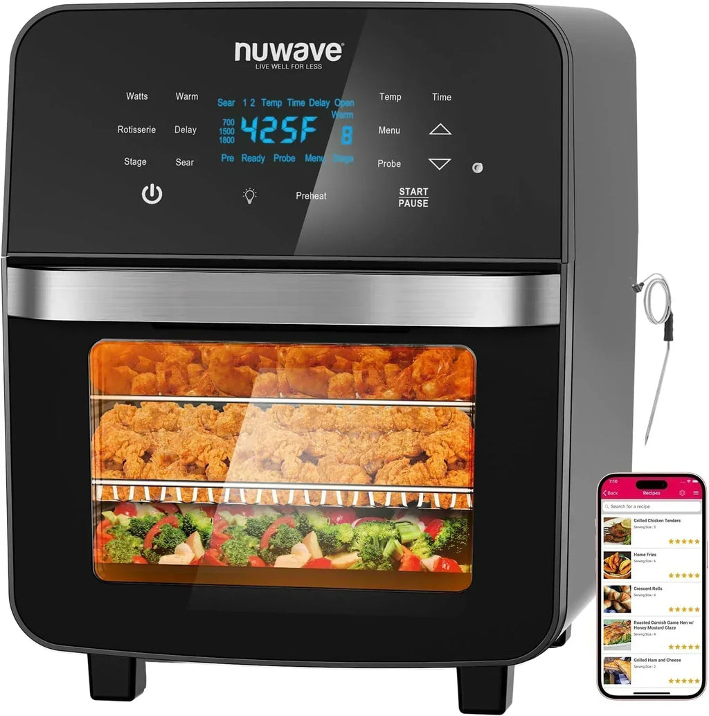 Nuwave Brio 15.5Qt Air Fryer Oven quickly reheats bakes and dehydrates food wourant